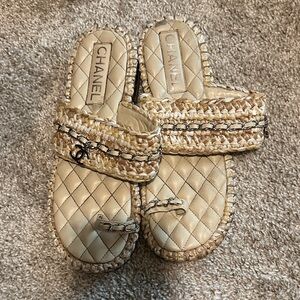 Chanel Beige Quilted Mules with Chain Detail